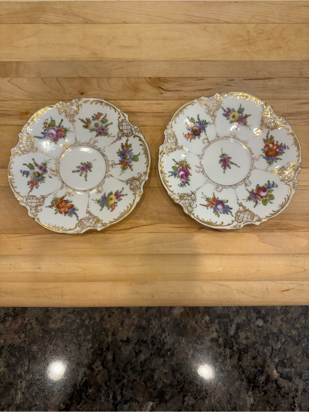 Set of two Gold-Trim Floral Porcelain Plates - White with Multicolor Flowers